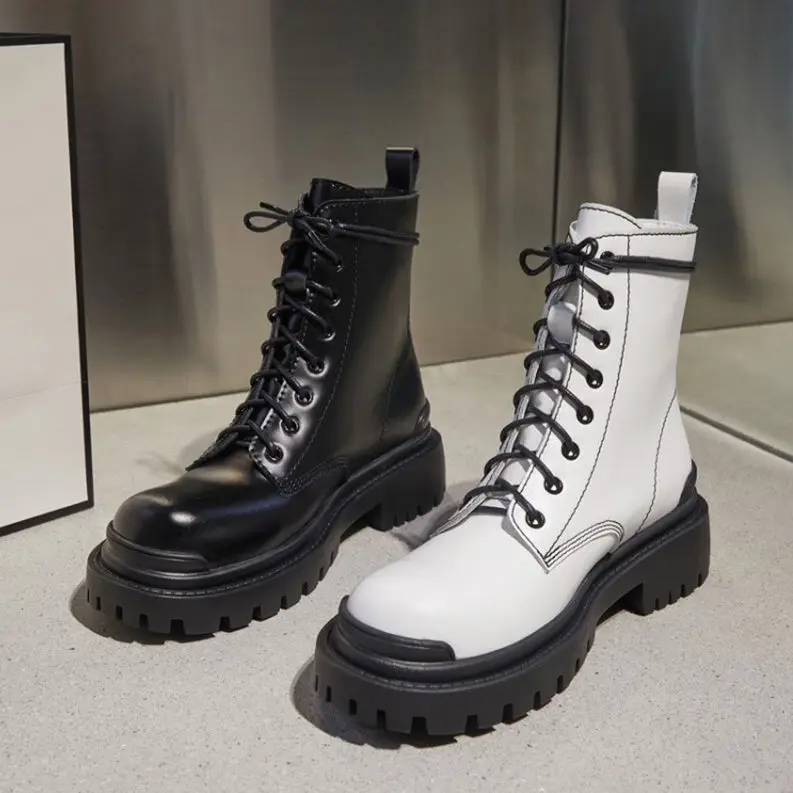 

Черные ботинки на платформе, женские ботинки, Зимние Кожаные Ботинки Martin, ботильоны на шнуровке, мотоциклетные ботинки на платформе и толст...