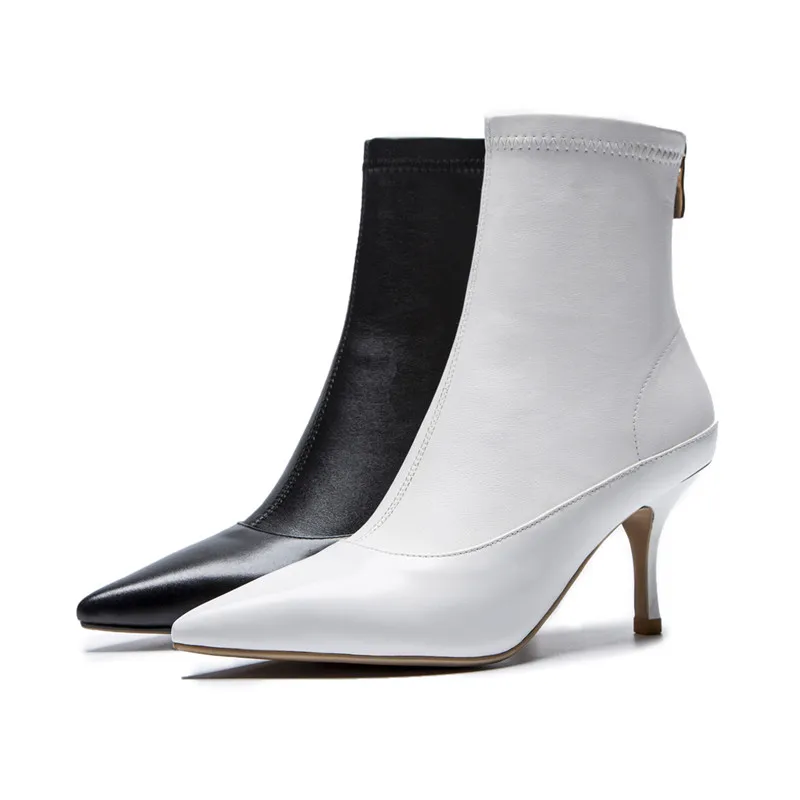 Smirnova wholesale hot fashion ladies boots black white pointed toe genuine leather ankle boots for women sexy dress shoes