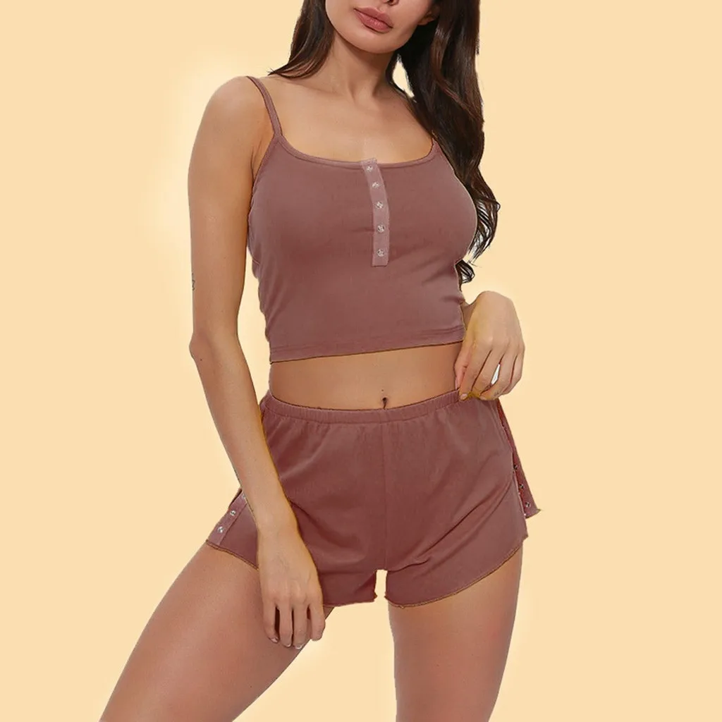 

New pajamas set casual Women Sleepwear Sexy Satin Pajama Set solid sexy Pyjamas Sleeveless Cute Cami Top and Shorts #3