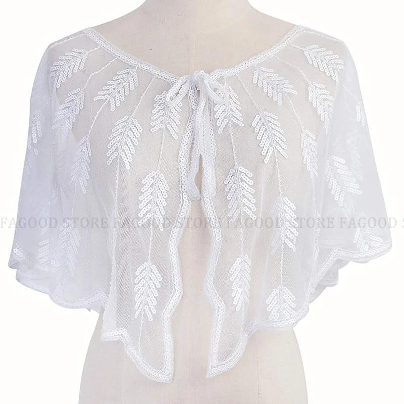 White Shawl -B Винтажная черная сетка 1920s& блестки Хлопушка капель розовый/бежевый/Абрикосовый/розовый - Цвет: White Shawl -B