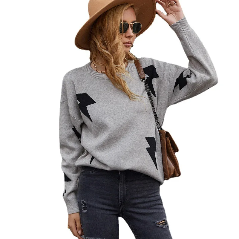 

2021 Fashion Women Sweater New Autumn Casual Hot Sale Round Neck Pullover Lightning Print Loose Knitted Elegant Sweater