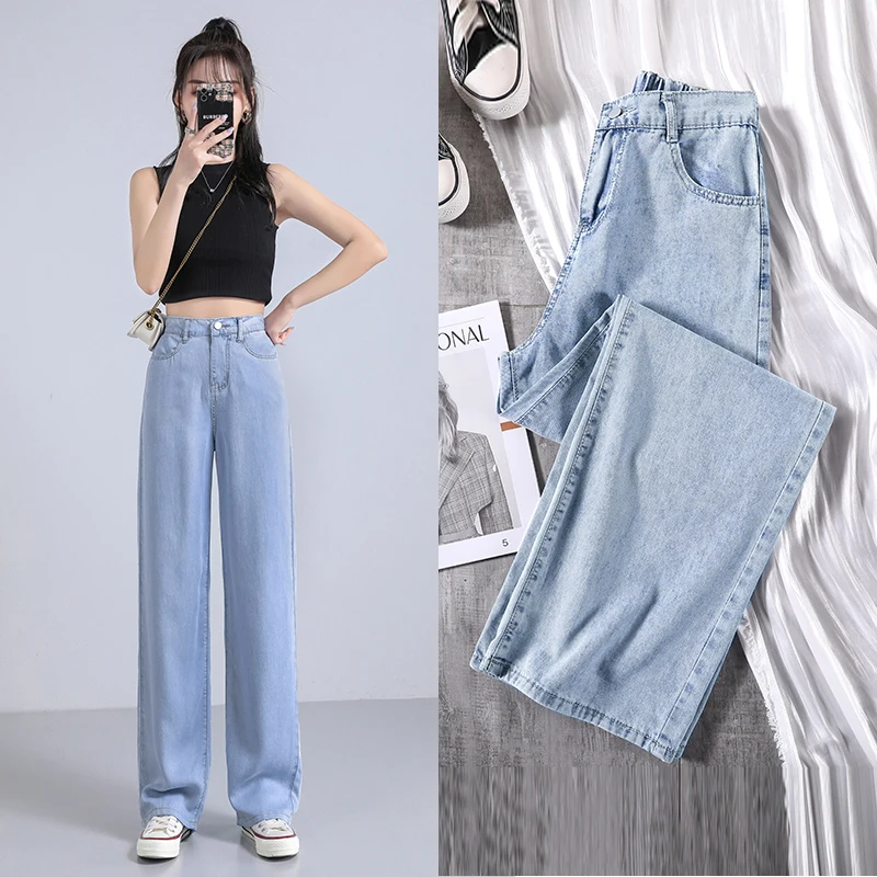 

TongSiHai Jeans for Women Summer Fashion High Waist Tencel Wide Leg Denim Pants Girl Loose Ripped Jean Pantalones Vaqueros Mujer
