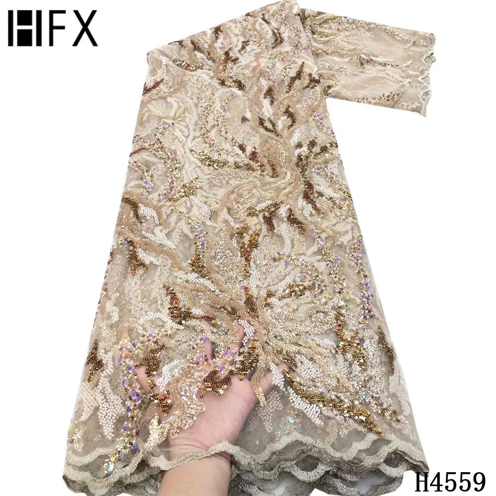 

HFX Latest French Nigerian Lace Fabrics 2021 High Quality Handmade Beads Lace Tulle African Lace Fabric For 5 yards Wedding