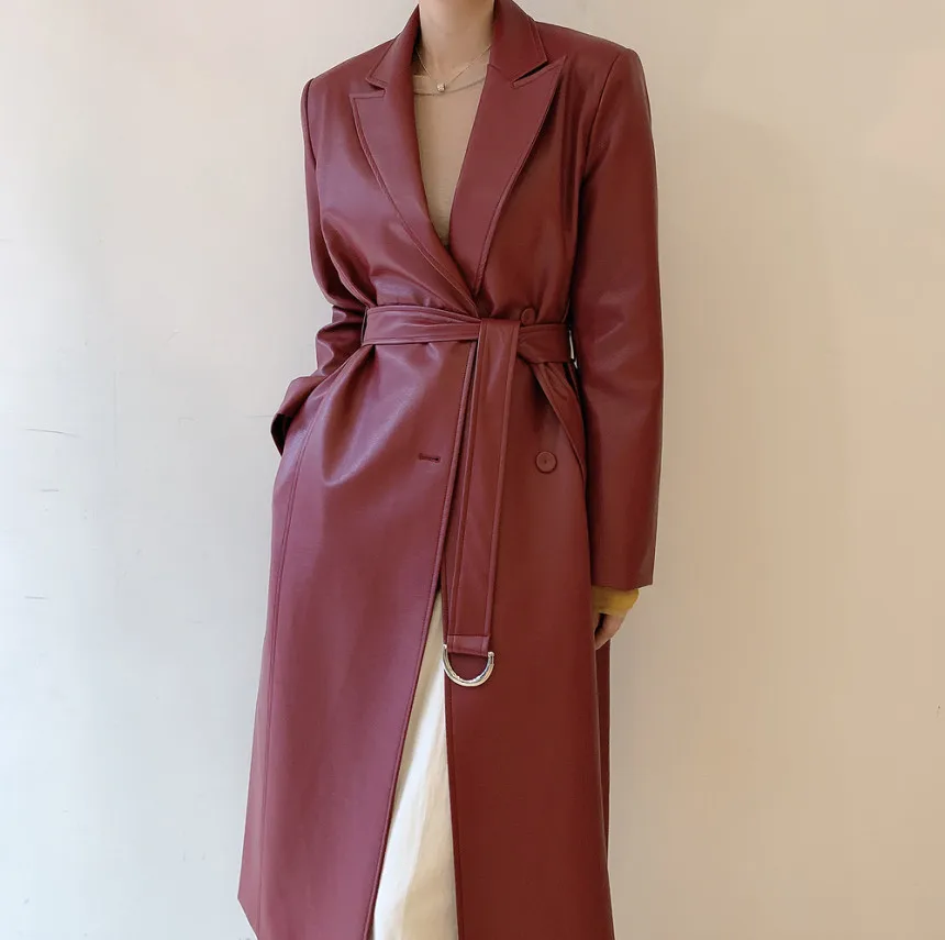

European New Women Fashion Sexy Long Sleeve Red black Long Leather Coat 2021 Office Lady Designer Designer Outwear Jacket Coat