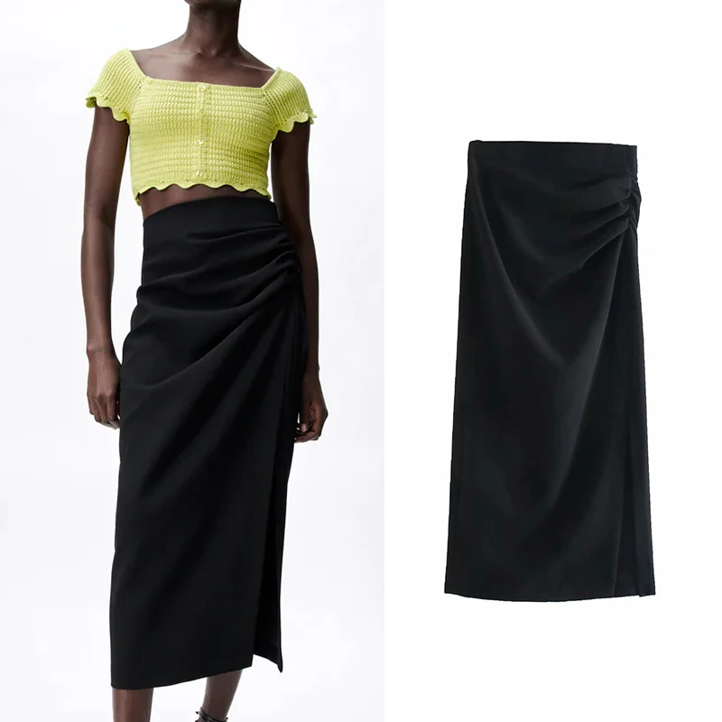 

Женская юбка со складками ZA, элегантная офисная Однотонная юбка, женское платье до середины икры с высокой талией, уличная одежда, лето 2021