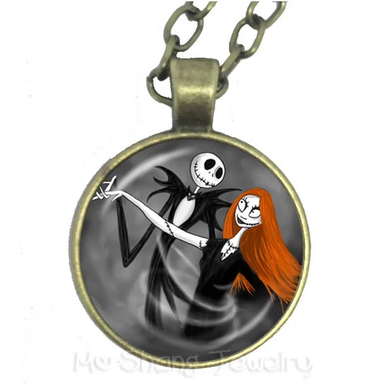 Ожерелье женское с фото Джека Скеллингтона и Салли стеклянная цепочка кулоном