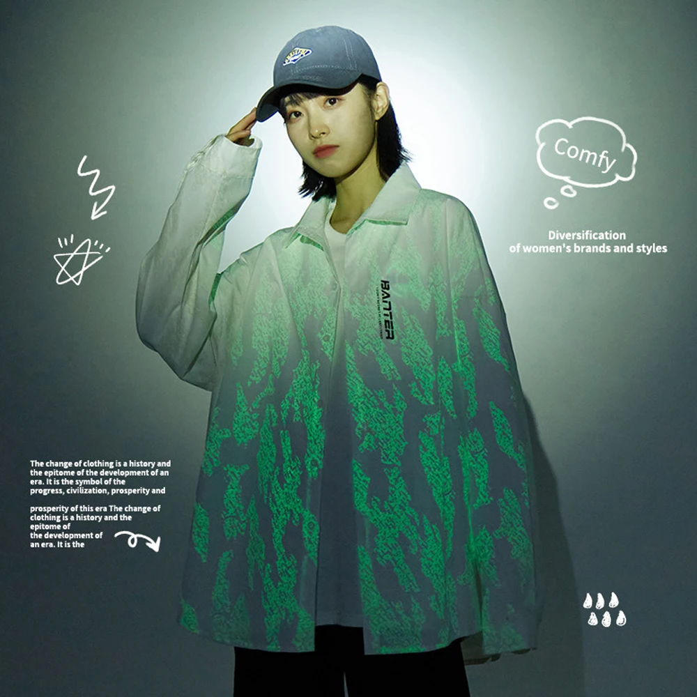 

Full Reflective Print Long Sleeve Shirts for Womens Oversized Luminous Clothing Cool Girls Club Hip Hop Tops Dance Streetwear