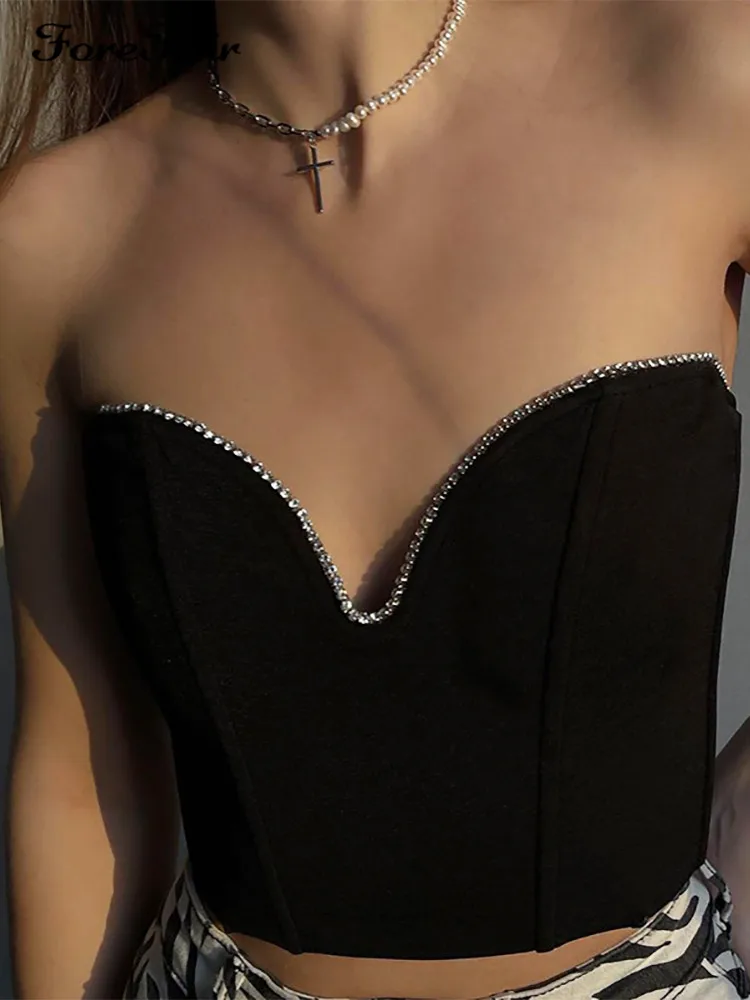

Сексуальный корсет без бретелек Forefair Y2k, укороченный топ без рукавов, весна 2022, V-образный вырез, Майки со стразами, черные, летние, модные, пов...
