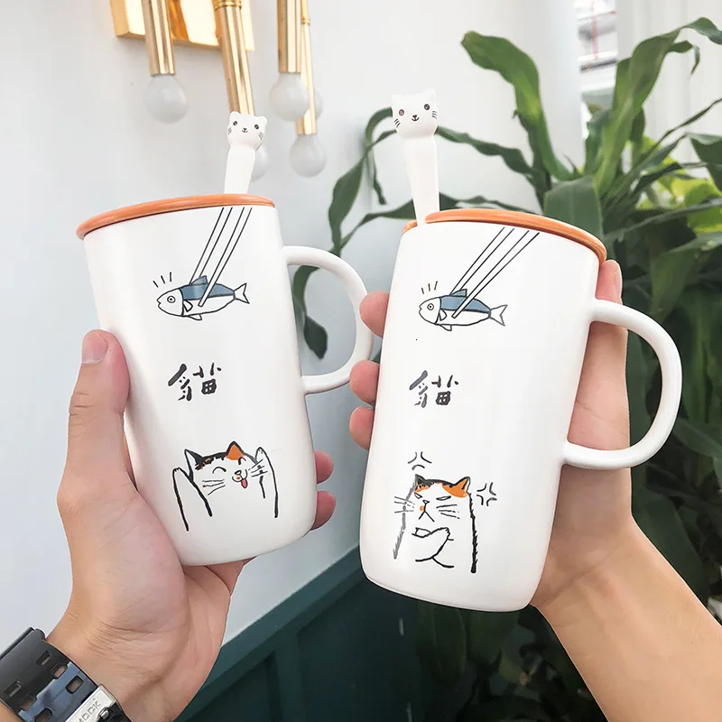 Кофейная кружка керамическая с изображением милого кота крышкой ложкой кружки