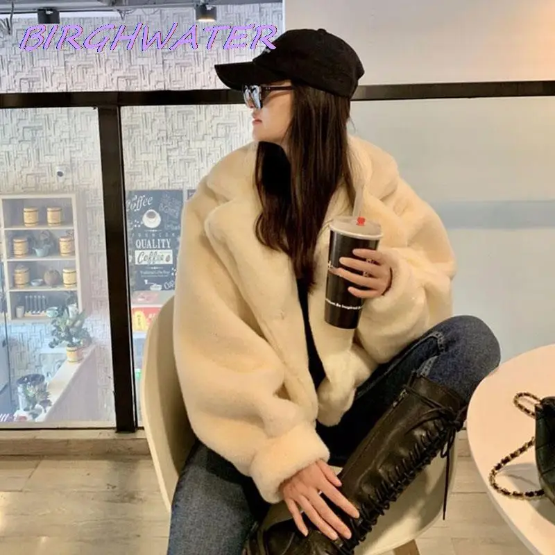 Korean Mink Fur Coats Womens Fashion Casual Solid Turndown Collar Short Faux Fur Jackets Winter Loose Warm Coat Female