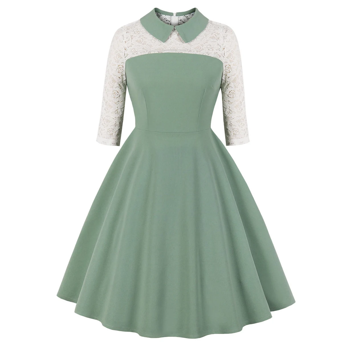 

Vintage Patchwork Lace Women Casual Beach Party Dress Turn Down Collar Solid White Green Swing Rockanilly Dresses 20s40s 60s 50s
