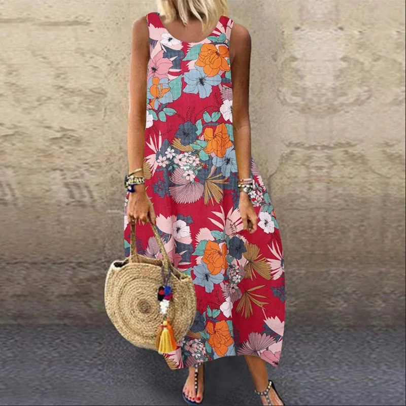 

Vintage Floral Print Women Long Dress Loose O-Neck Sleeveless Boho Beach Party Dress 2021 New Summer Casual Maxi Dress Vestidos