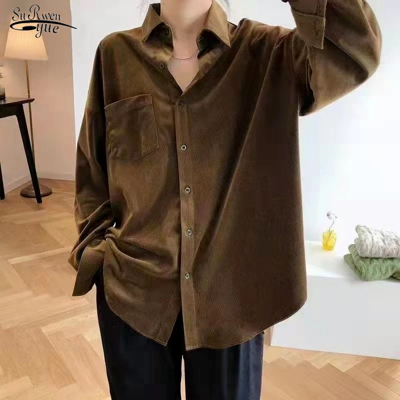 

Autumn Single-breasted Loose Long Sleeve Tops POLO Collar Solid Corduroy Elegant Blosue Fashion Casual Button Shirts Women 17474