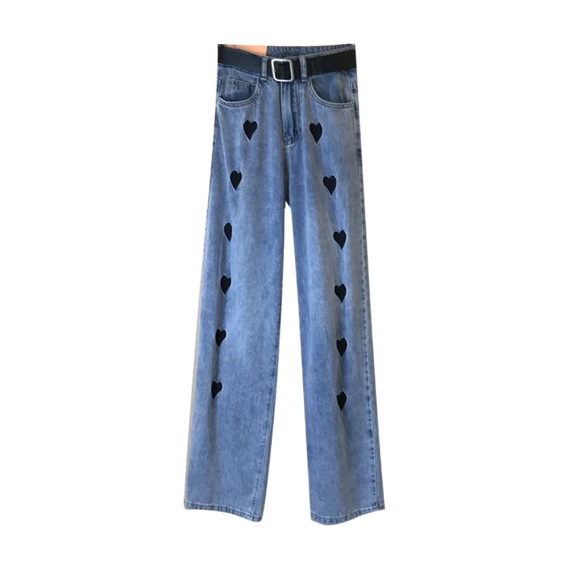 

Love Embroidered Jeans for Women 2021 Spring New Loose High Waist Slimming Wide Leg Pants Ladies Straight Floor-length Trouses