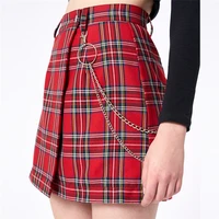 england vintage red plaid skirt fashion office lady club party short pleated skirt metal decoration package hip skirt female top