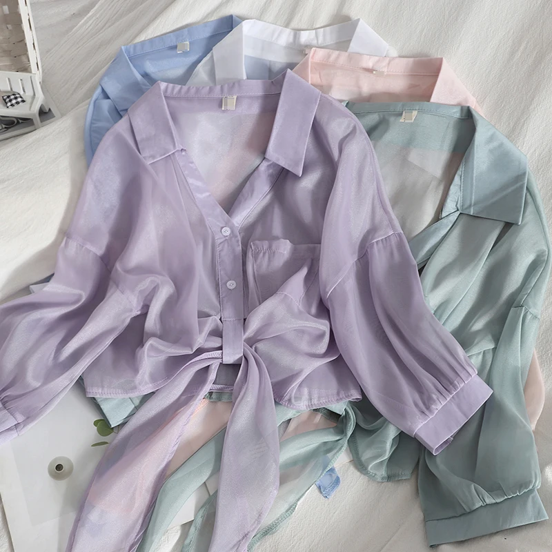 

Abrini Chiffon Shirts See Through Shirts Bloses Women V-Neck Solid Button Up Sunscreen Shirts 2021 Summer All-match Loose Casual