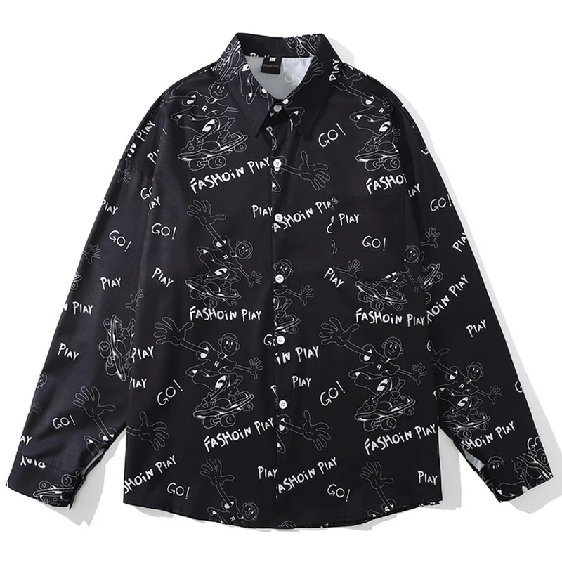 

Мужские рубашки на пуговицах в стиле Харадзюку, уличная одежда, осенняя блузка оверсайз с длинным рукавом, мужская рубашка с мультяшным при...