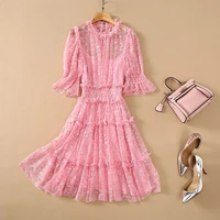 high quality brand lace dress 2021 summer women polka dot print elastic waist short sleeve sweet party lady pink yellow dress
