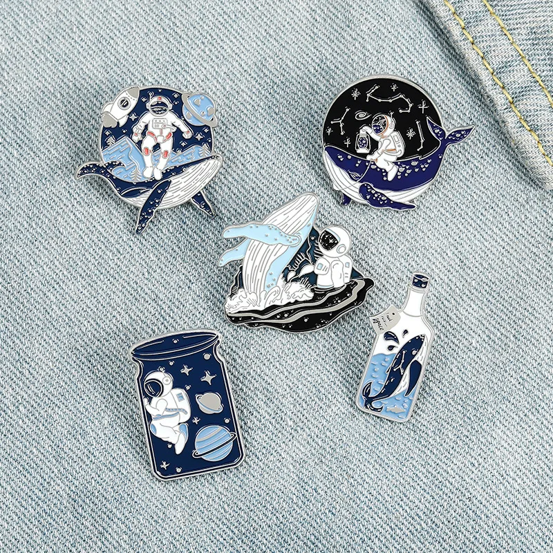 

5pcs Astronaut and Whale Brooch Metal Enamel Pin Adventure Ocean Drifting Wishing Bottle Brooches Bag Lapel Pin Badge Jewelry