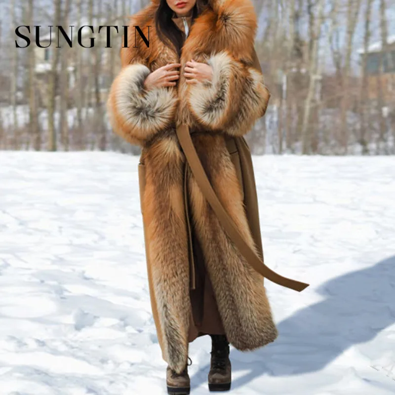 Sungtin Winter Warm Long Faux Fox Fur Coat Women with Belt Collar Lapel Casual Thick Jacket Female 5XL Fashion Clothing Chic | Женская
