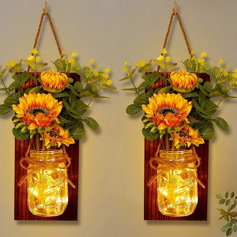 

Set of 2 Sunflower Mason Jar Sconces Wall Decor, LED Fairy Lights for Home Kitchen Living Room House Decorations Lights