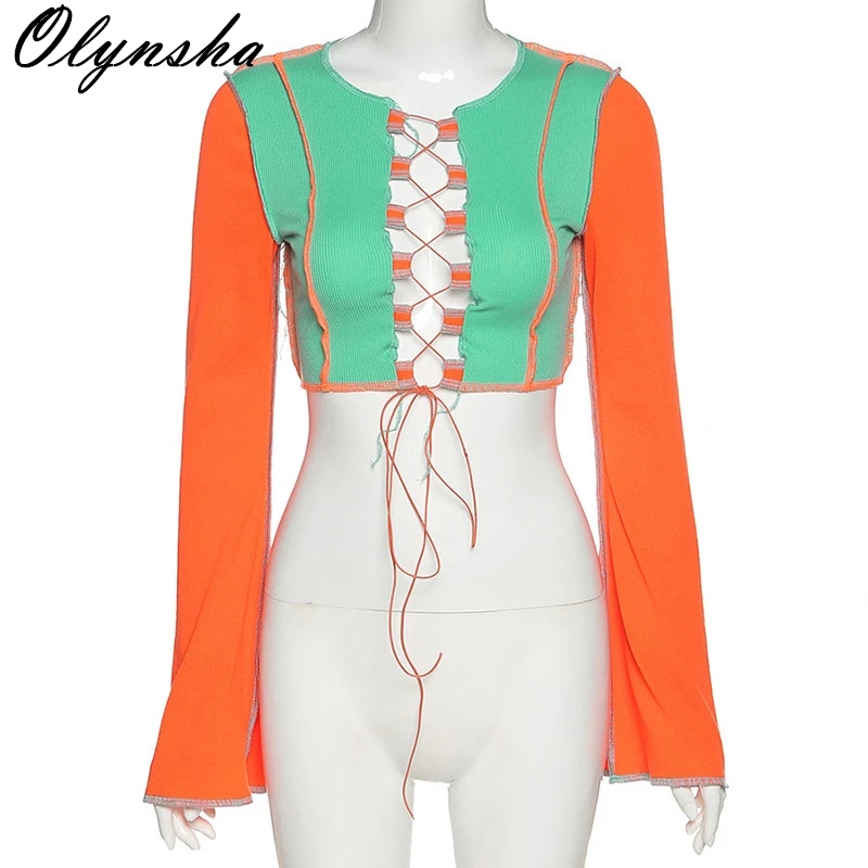 

Sexy Hollow Out Lace Up Crop T Shirt Women Long Sleeve Crop Tops 2020 Summer Splice Color Slim Tshirt Streetwear Outfits