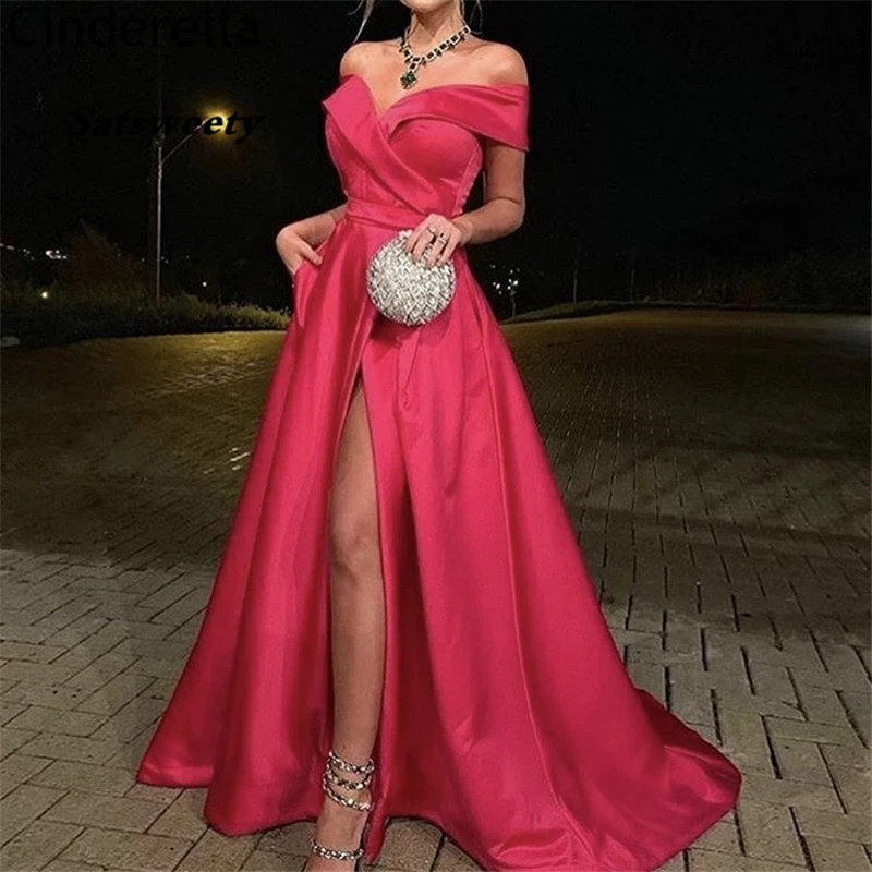 

Sexy Prom Dresses Off The Shoulder A-Line Floor Length Satin Pleated Prom Dresses With Zipper Back Sexy Party Gowns For Prom