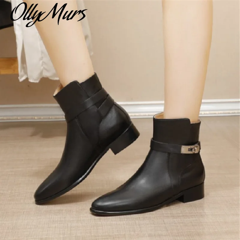 

Ollymurs Thin Ladies Metal Button Booties Cowhide Boats Autumn Winter Round Toes Slip On Women Shoes Lightweight Leisure Boots