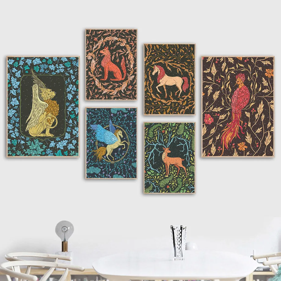 

Lion Wolf Pegasus Unicorn Deer Bird Leaf Wall Art Canvas Painting Nordic Posters And Prints Wall Pictures For Living Room Decor