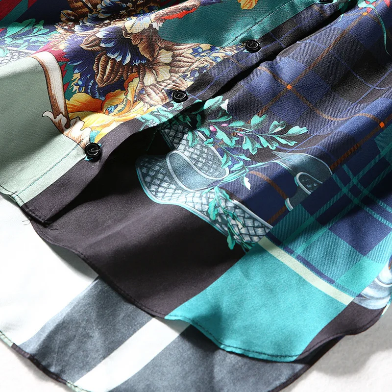 

New Leisure design feeling silk twill long shirt female printing long sleeve blouse wind shirt after short before long