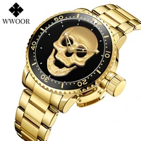 wwoor luxury brand gold black skull men watches with stainless steel sports waterproof quartz clocks male creative wristwatches