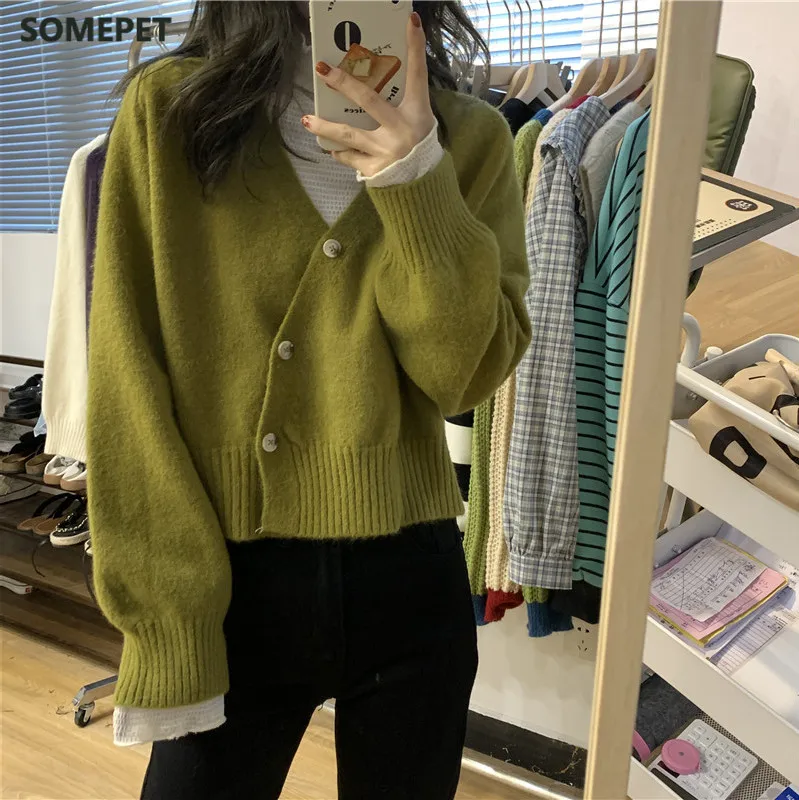 

Solid Cardigan Crop Top Women Korean Chic Simplicity V-neck Oblique Buckle Sweater Autumn Solid Long Sleeve Cardigans