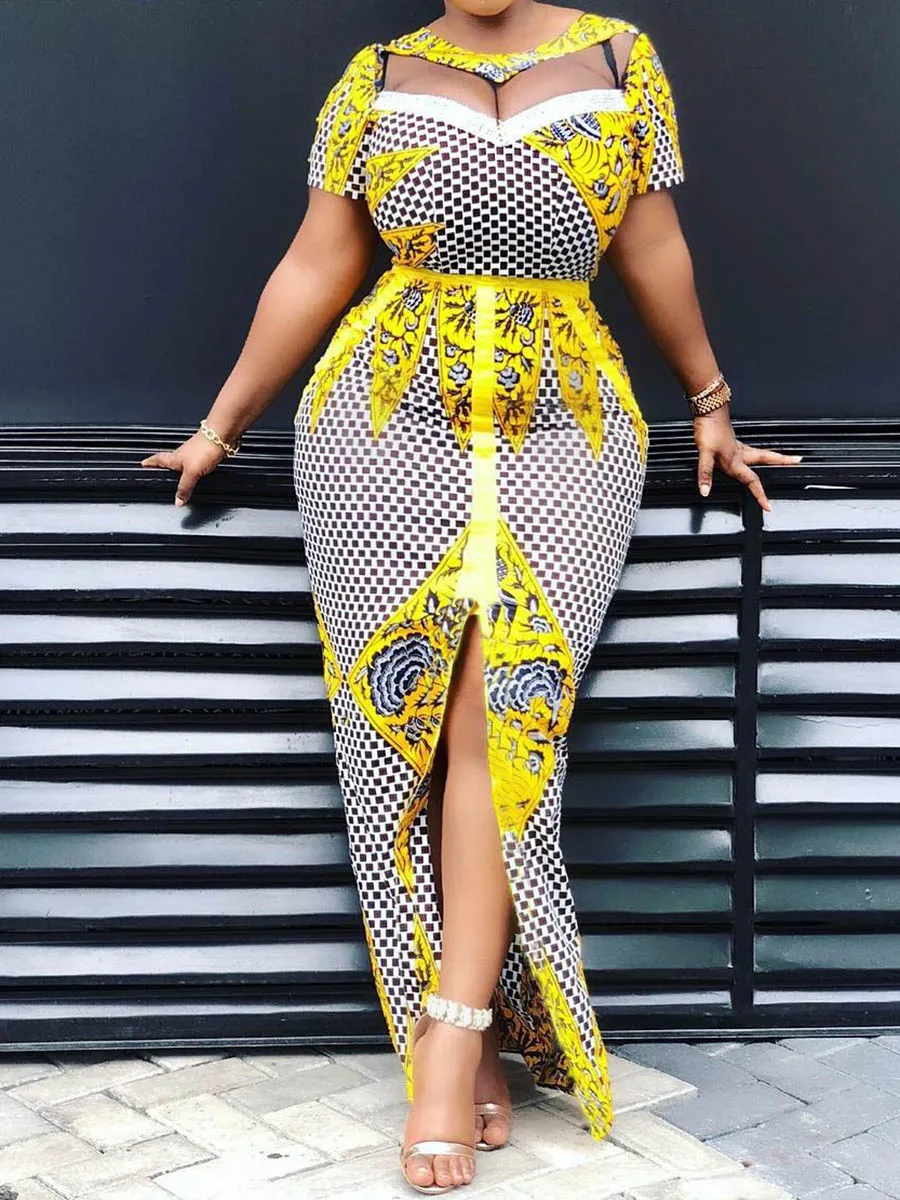 Женское длинное платье с высоким разрезом летнее облегающее из сетчатой ткани