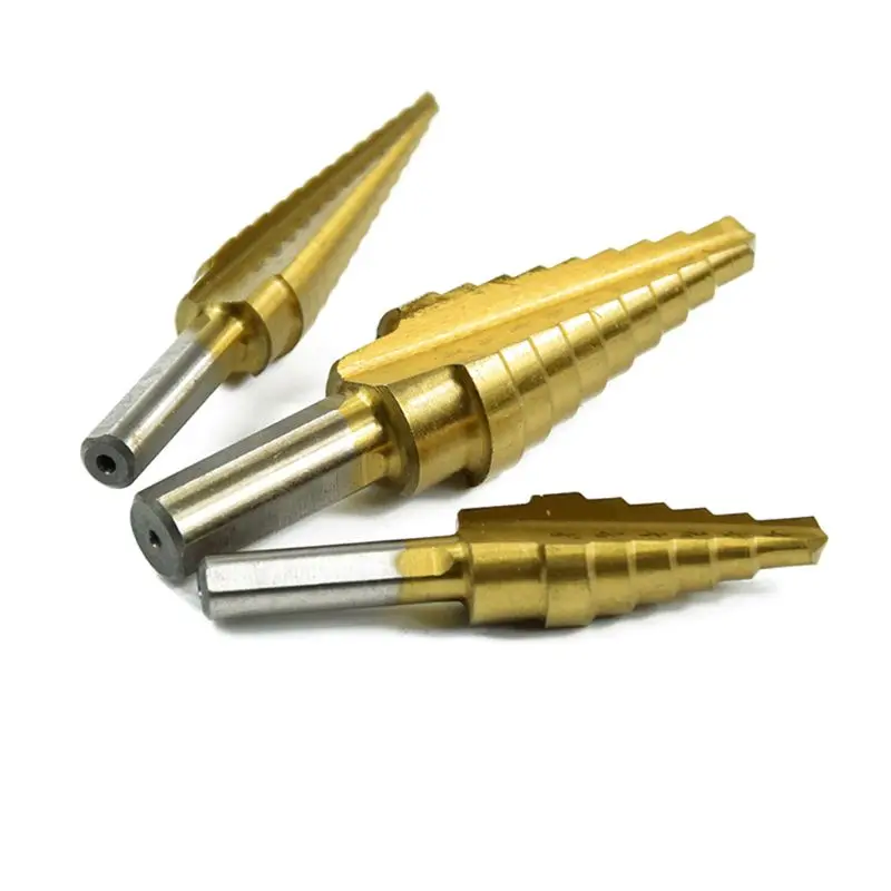 

Step Drill Bit Set - Titanium Coated, Double Cutting Blades, High Speed Steel, Short Length Drill Bits Set of 4 pcs