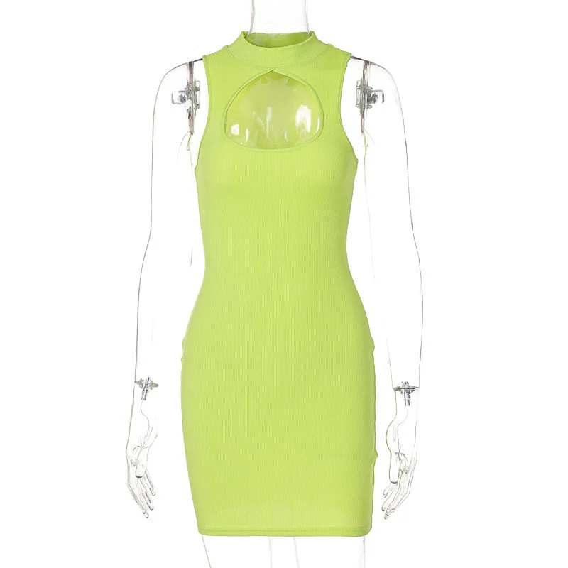 

CNYISHE 2021 Sleeveless O-neck Neon Green Orange Sexy Dress Women Fashion Hollow Out Summer Dresses Female Streetwear Slim Robes