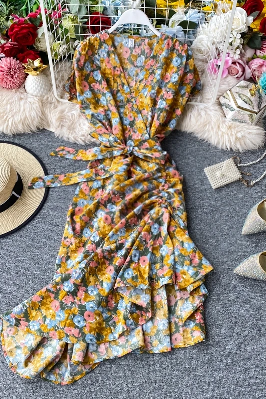

2020 new fashion women's clothing Print Asymmetrical V-Neck dress women