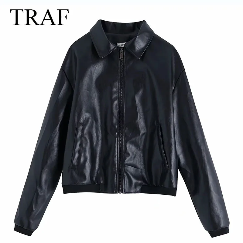 

TRAF ZA Jacket Woman Fashion Autumn Solid Coats Long Sleeve Handsome Girl Pocket Zipper Women's Faux Leather Parka Streetwear