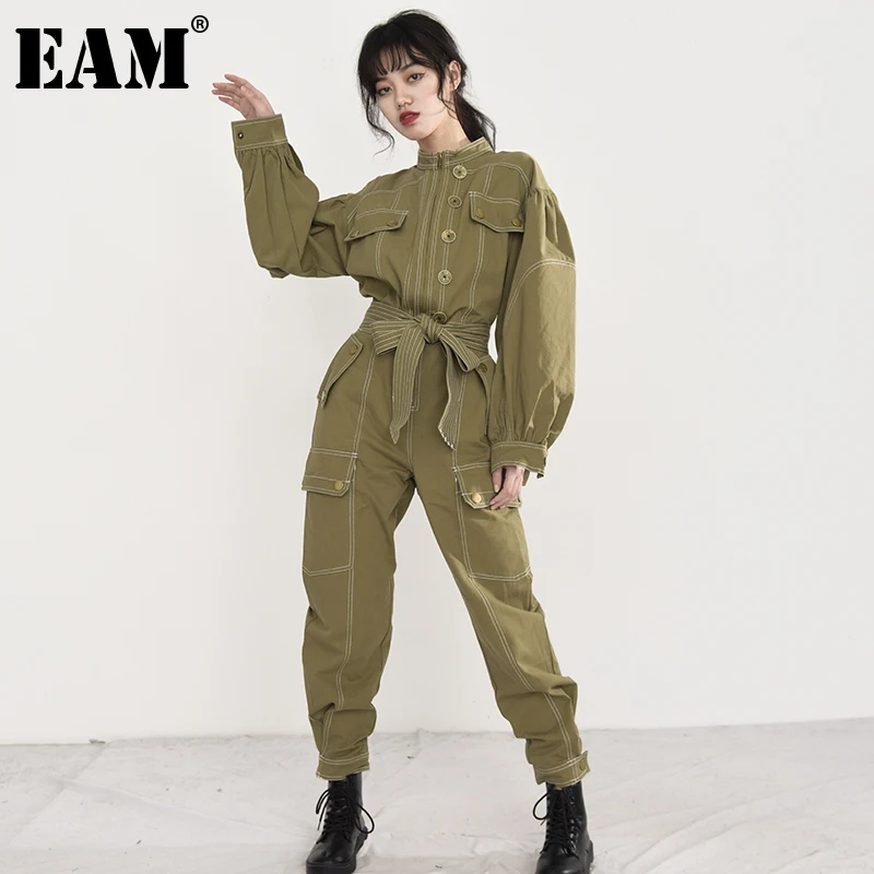 

[EAM] Loose Fit Women Bandage Pocket Long Jumpsuit New High Waist Pocket Stitch Pants Fashion Spring Autumn 2022 1DA24406