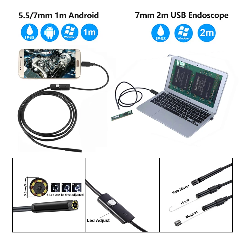 Antscope 7 мм/5,5 мм 1 м Mirco USB эндоскоп 2 м 6LED эндоскоп камера Android водонепроницаемый трубопровод PCB PC инспекционная мини-камера