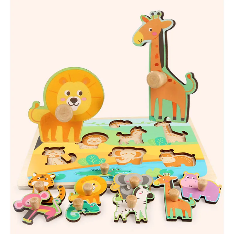 

High Quality Kids Montessori Wooden Puzzle Toy Hand Grab Board Baby Learning Educational Toys Vehicle Marine Animal 3D Puzzles
