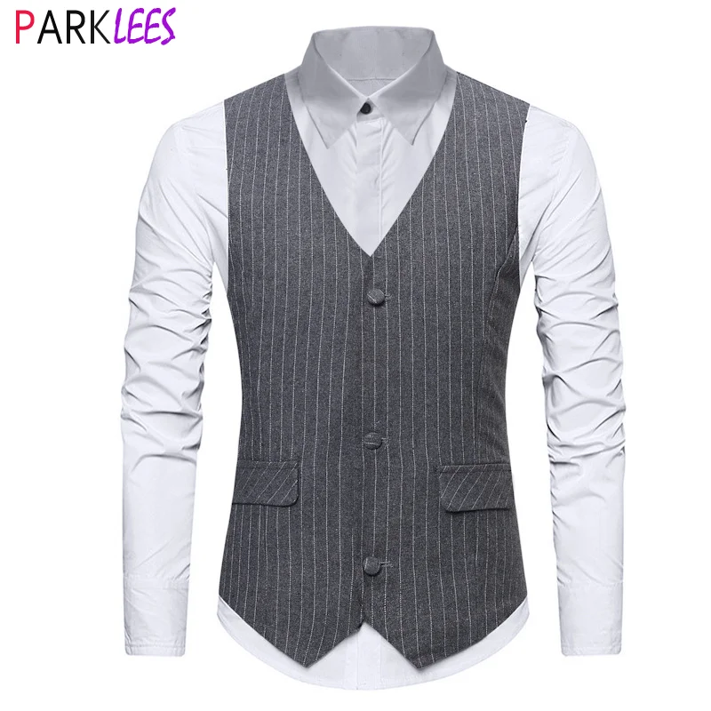Parklees-Chaleco a rayas con 5 botones para hombre, prenda Formal de Tweed, Pin, con cuello de pico, sin mangas, para negocios y boda, novedad de 2021