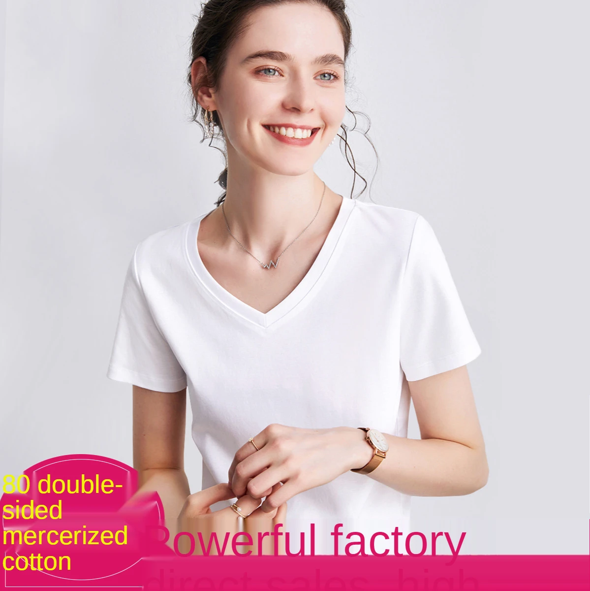 

Cool Feeling Double-sided Mercerized Cotton 2021 Summer Women's Jacket Fashion V-neck T-shirt White Cotton Short Sleeve T-shirt