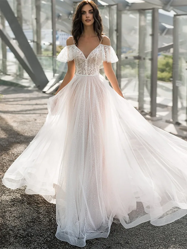 

Long V-Neck Organza Wedding Dress 2021 Cap Sleeve Spaghetti Straps Button Court Train Custom Made Vestidos De Noiva