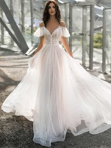 Long V-Neck Organza Wedding Dress 2021 Cap Sleeve Spaghetti Straps Button Court Train Custom Made Vestidos De Noiva