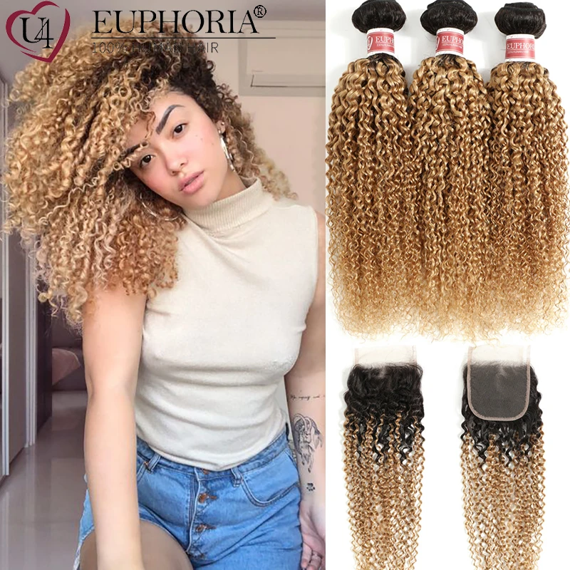 

Brazilian Remy Human Hair Ombre Blonde Kinky Curly Bundles With 4x4 Lace Closure T1B/27 3 Bundles With Swiss Closure Euphoria