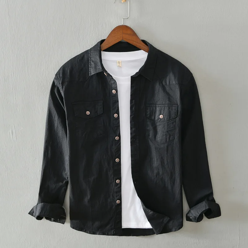 Мужская хлопковая рубашка с длинным рукавом двумя карманами |