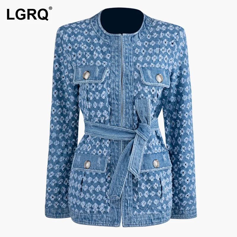 

[LGRQ] Hollow Out Lace Metal Buckle Denim Women's Jacket New Lapel Long Sleeve Coat Fashion Tide Spring Autumn 2021 19D3923