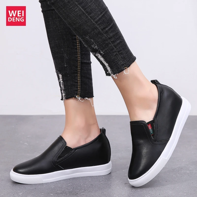 WeiDeng Women Genuine Leather Leisure Shoes Platform Flat Slip On Casual Female Light Fashion Comfort Increase 6cm | Обувь