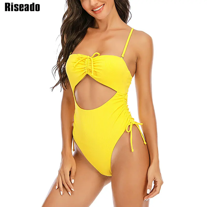 

Riseado Cut Out Sexy One Piece Swimsuit Ribbed Swimwear Women 2021 Drawstring Bathing Suits Backless Bodysuit Summer Beachwear