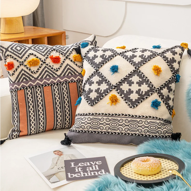 

Cotton Woven cushion cover Iovry Tassels pillow cover Morroccan Style Tuft for Home decoration Sofa Bed 45x45cm